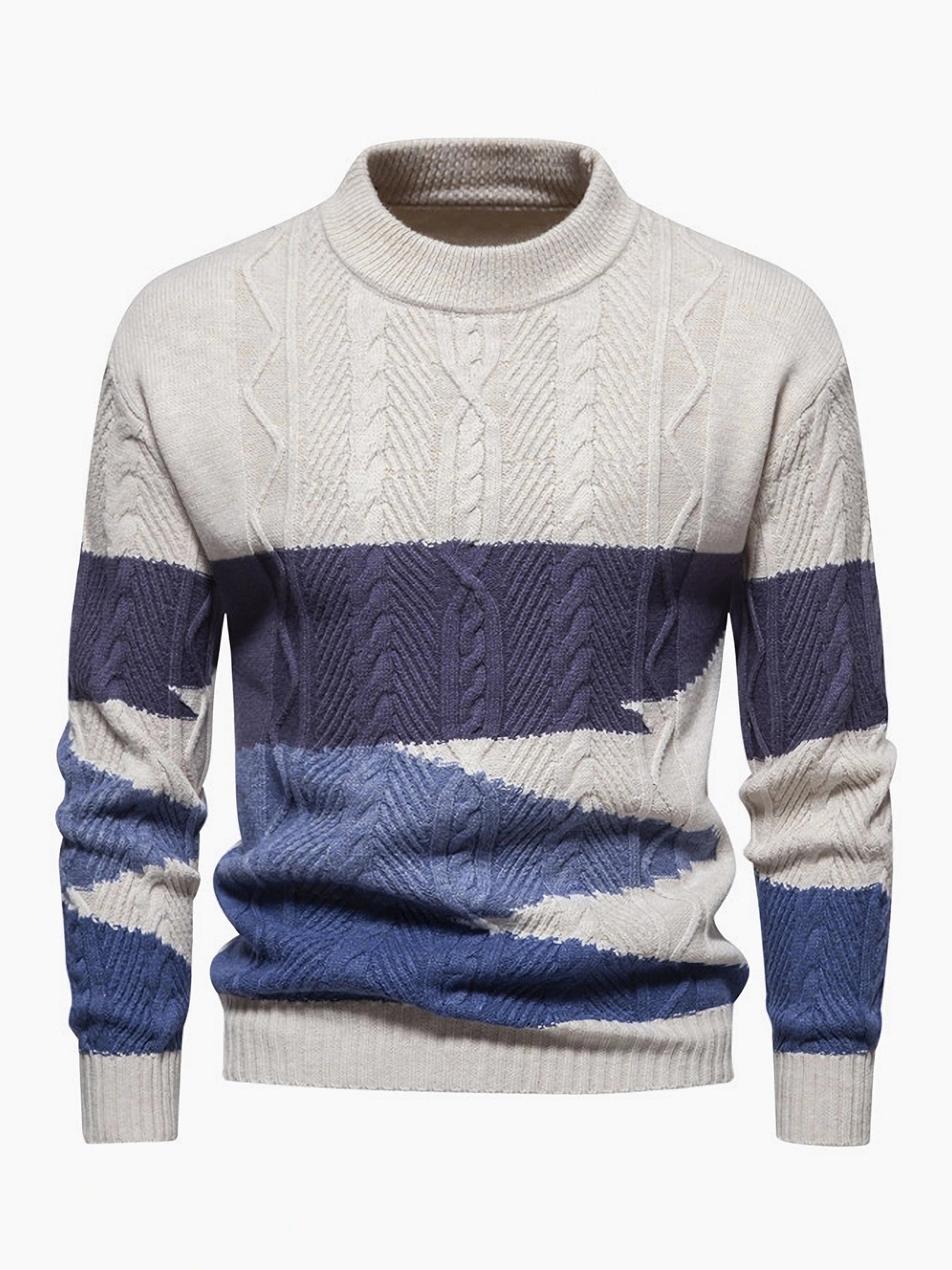 Men's Winter Warm Thick Knit Sweater - Color-Block Round Neck Pullover with Sleeve, Casual & Suitable for Evening Dates, Machine Washable Sweaters for Weather