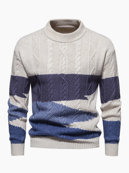 Men's Winter Warm Thick Knit Sweater - Color-Block Round Neck Pullover with Sleeve, Casual & Suitable for Evening Dates, Machine Washable Sweaters for Weather