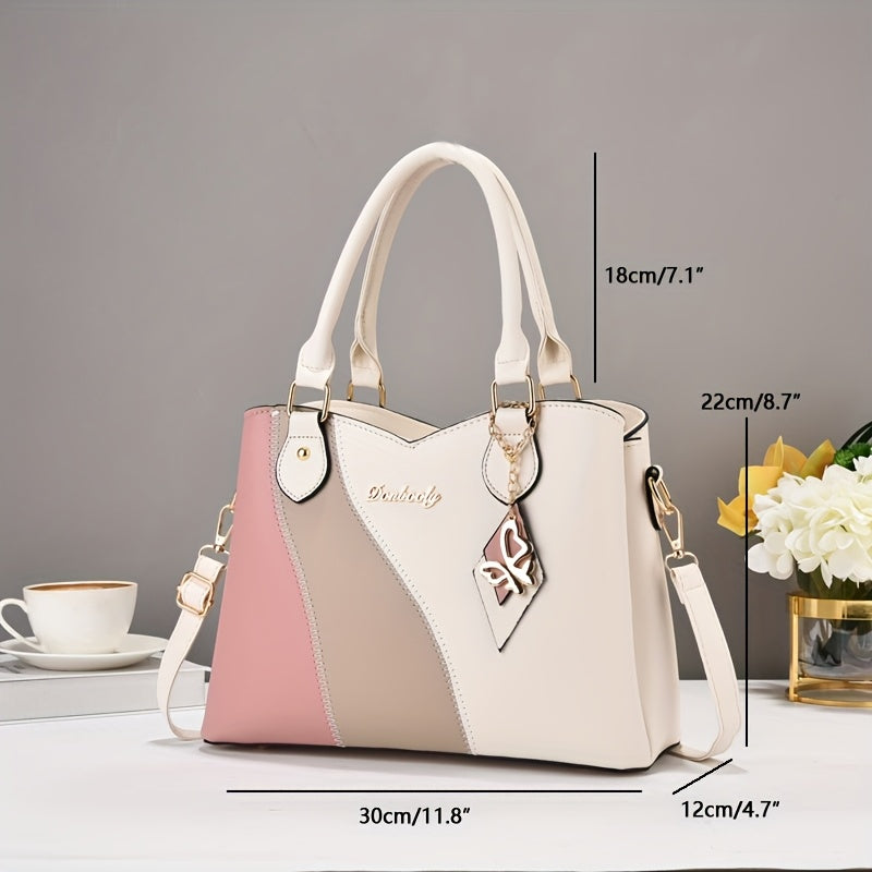 Wo 's Casual Geometric Two-Tone Large Capacity   Handbag with Adjustable   Strap, Detachable Wristlet & Zipper Closure - in Khaki/White/Pink/Red/Green/Black, Travel Accessory, Stylish Accessory, Durable Construction, Spacious