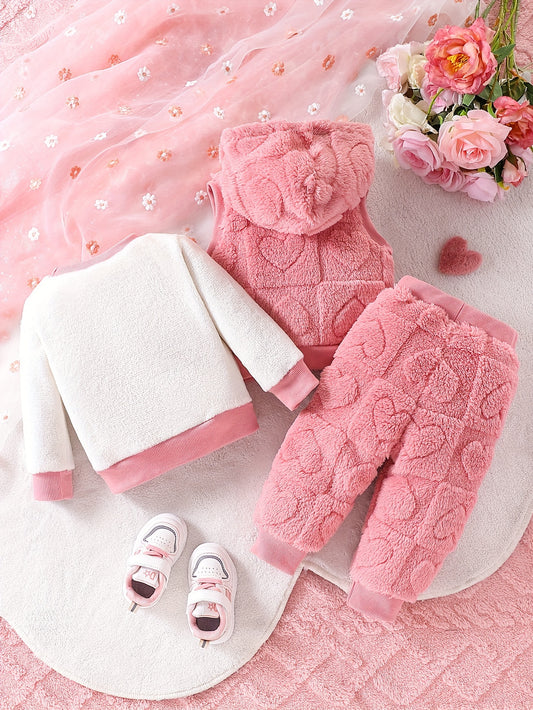 3pcs Girls' Baby Fashion Casual Jacquard Heart Plush Hooded Vest and Heart Embroidered Plush Pullover Top and Jacquard Heart Plush Drawstring Pants for Autumn/Winter, Perfect for Outdoor