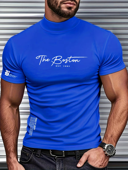 Men's Slim Fit Breathable Moisture-Wicking Short Sleeve T-Shirt - Lightweight All-Season Small Stand-Up Collar Tee with Boston Letter Print for Gym, Outdoor  Casual Wear, Active Lifestyle, Modern Design, Durable Construction