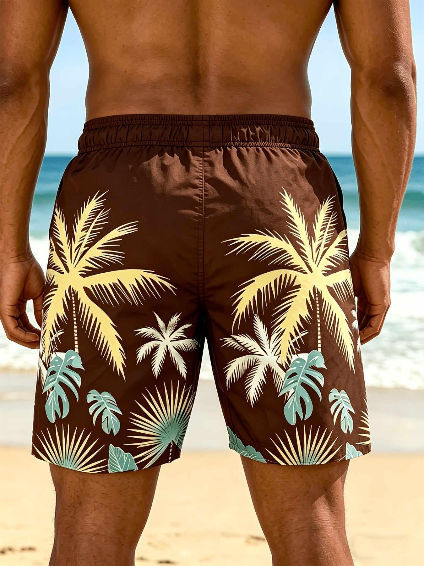 Plus Size Men's Palm Tree Print Beach Shorts, Breathable Polyester