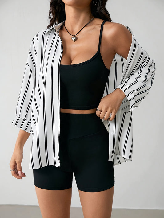 Women's Striped Shirt and Black Pants 3-Piece Set for Spring/Summer
