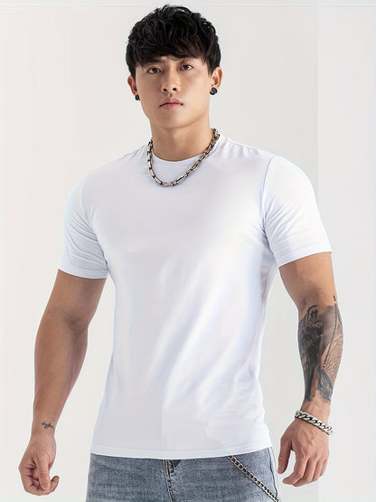 Men's Summer Athletic T-Shirt - Moisture-Wicking Stretch Fabric Slim Fit Round Neck Short Sleeve Tee for Gym, Running, Training - Solid Color Black, Gym Apparel   Machine Washable Top, Gym Shirts