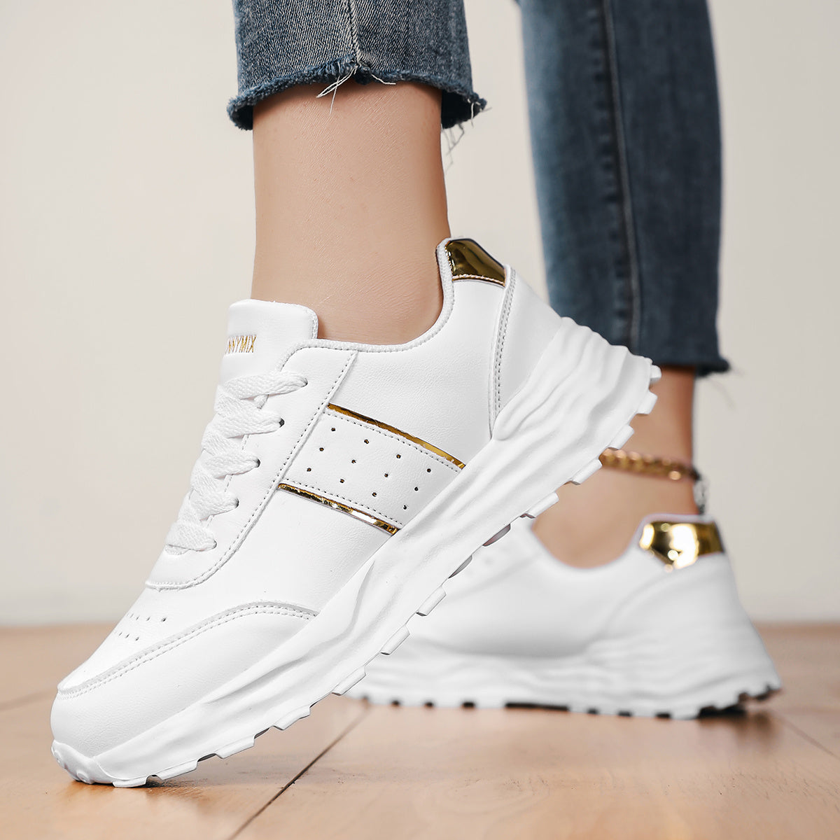 DJSUNNYMIX Women's Casual Running Shoes with Golden Glitter Accents - Lightweight EVA Sole, Breathable Fabric Lining, Low-Top Lace-Up Design for All-Season Comfort  Style, Sporty Footwear   Flexible Footwear
