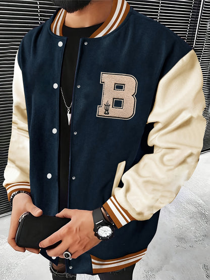 Men'S Baseball Jacket with Letter B Lettering - Navy & Golden Accent Casual Streetwear, Button-Front Closure, Regular Fit Fall/Winter Outerwear, Baseball Jacket