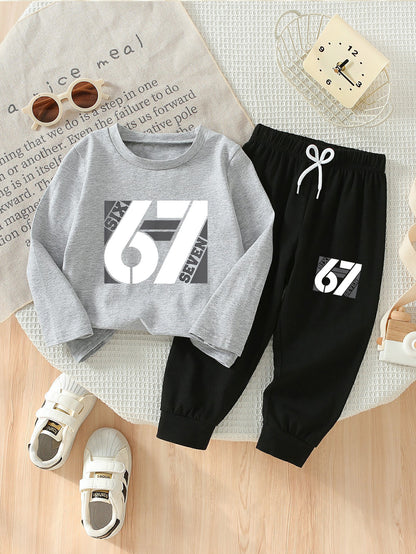 Boys' 2-Piece Cotton Casual Outfit Set - Long Sleeve Tee & Pants