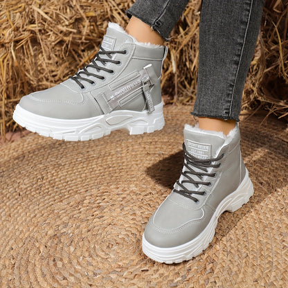 Autumn And Winter Women'S Fashionable Outdoor Plush Soft Comfortable Thick-Soled Lace-Up Ankle Boots