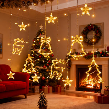 Christmas Decoration Icicle Curtain Lights, Window Wall Hanging String Light, USB Plug in Bell/Reindeer Fairy Lamp, Halloween/Ramadan Decor for Bedroom Living Room Backdrop Wedding Party Indoor Xmas Tree Dorm Fall Home Decor