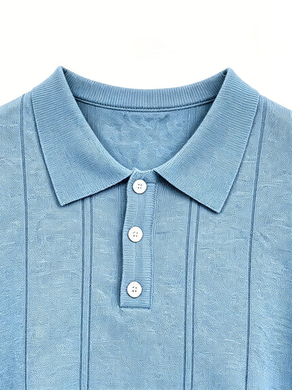 Men's Slim Fit Vertical Stripe Knit Polo Shirt with Lapel Collar