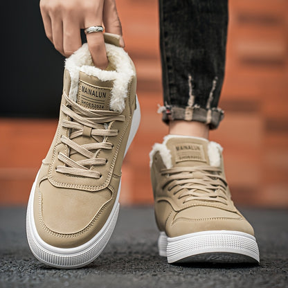 Men's Mid-Top Lace-Up Boots with Warm Plush Lining for Comfortable Winter Outdoor Street Walking and Strolling, Winter Boots