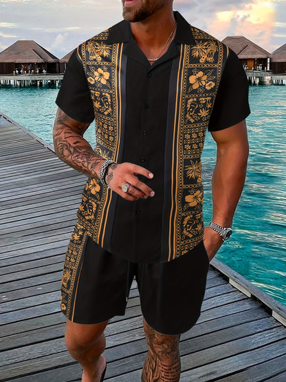 Men's Casual Summer Outfit Set, Short Sleeve Shirt And Pants, Floral Print, Polyester Blend, Machine Washable