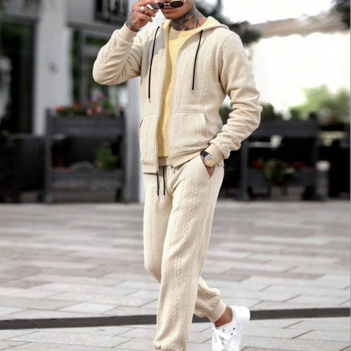 Men's Winter Fashion Two-Piece Set: Jacquard Hooded Cardigan with Lining & Long Pants – Ideal for Autumn and Winter, Winter Clothes For Men