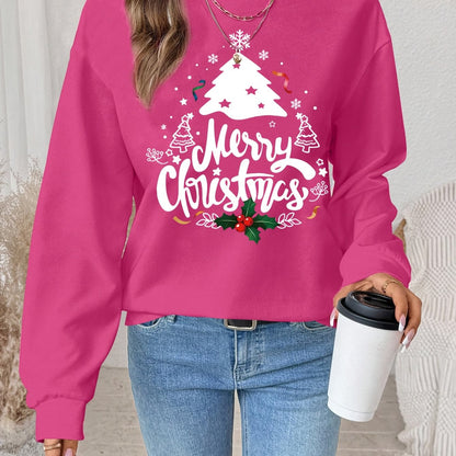 Women's Red Christmas Tree & Lettering Sweater - Cozy Winter Pullover with Round Neck Long Sleeve, Thickened Sweating-Reducing Blouse for Xmas Party Outfits, Family Gatherings (Machine Washable, Autumn/Winter Clothing)