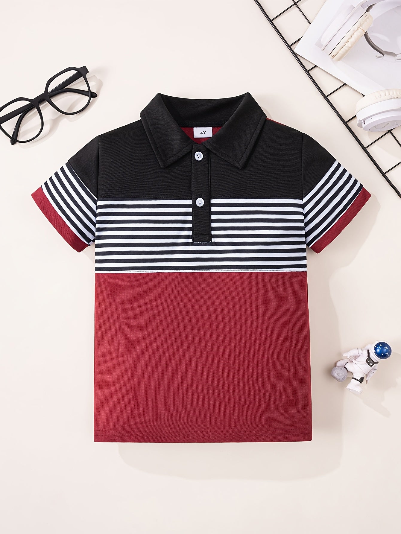 Boys' Casual Patchwork Striped Short Sleeve Shirt