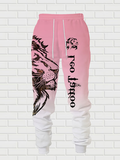 1set Fashion Street Style Men'S Lion Letter Print Hoodie and Sweatpants Set, Casual Weekend Wear, Polyester Knit Fabric with Slight Stretch, Animal Pattern, Regular Fit, for Spring/Fall