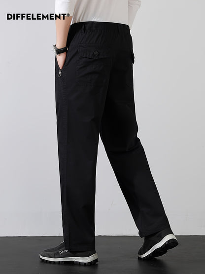 Men's Cotton Casual Trousers with Elastic Waist and Zipper Pockets