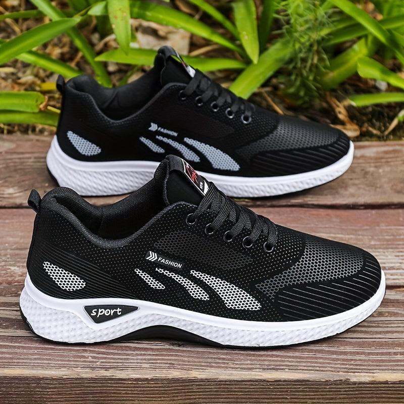 A Pair of Men's Casual Lace-up Sneakers - Suitable for All Seasons, Color-block Design in Black and Red, Low-top Running Shoes | Casual Slip-ons | Non-slip Sole Shoes - ayq