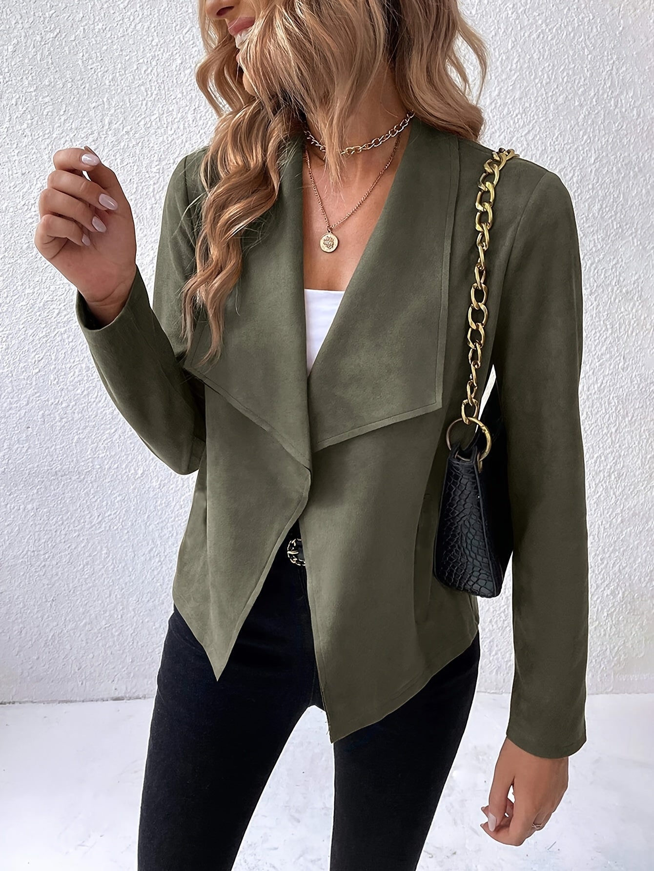 Plus Size, Olive Green Faux Fur Lapel Blazer - Stretchy Polyester Casual Jacket with Golden-Tone Chain Strap Shoulder Bag, Machine Washable Fall/Winter Outerwear for Women