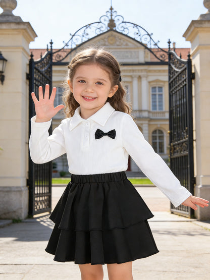 Girls' Knit Bow Top & Tiered Cake Skirt Set for Spring/Fall