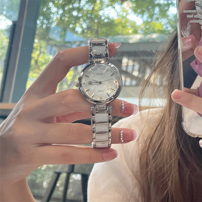 Elegant Women's Quartz Watch with Ceramic Band and Stainless Steel Cas