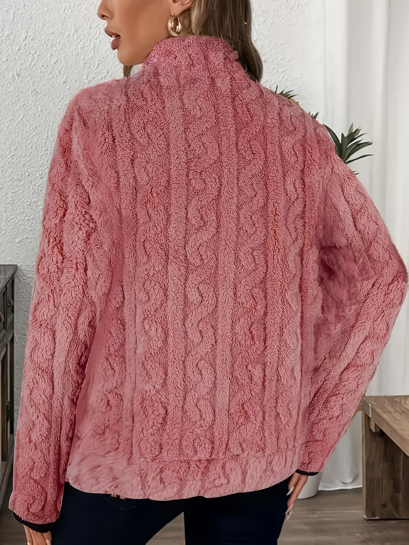 Women's Elegant Plush Full-Zip Winter Jacket - Soft Pink Long Sleeve Coat with Collar, Machine Washable, Warm & Stylish Outerwear for Fall and Winter, Casual to Semi-Formal Occasions