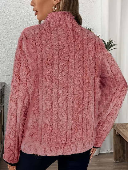 Women's Elegant Plush Full-Zip Winter Jacket - Soft Pink Long Sleeve Coat with Collar, Machine Washable, Warm & Stylish Outerwear for Fall and Winter, Casual to Semi-Formal Occasions