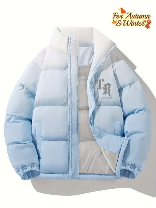 1pc Men'S Street Style Stand Collar Coat, Alphabet Print, Regular Fit, Drawstring Detail, Non-Stretch Woven Polyester, 100% Polyester Filler, Long Sleeve Casual Warm Gradient Jacket for Autumn and Winter