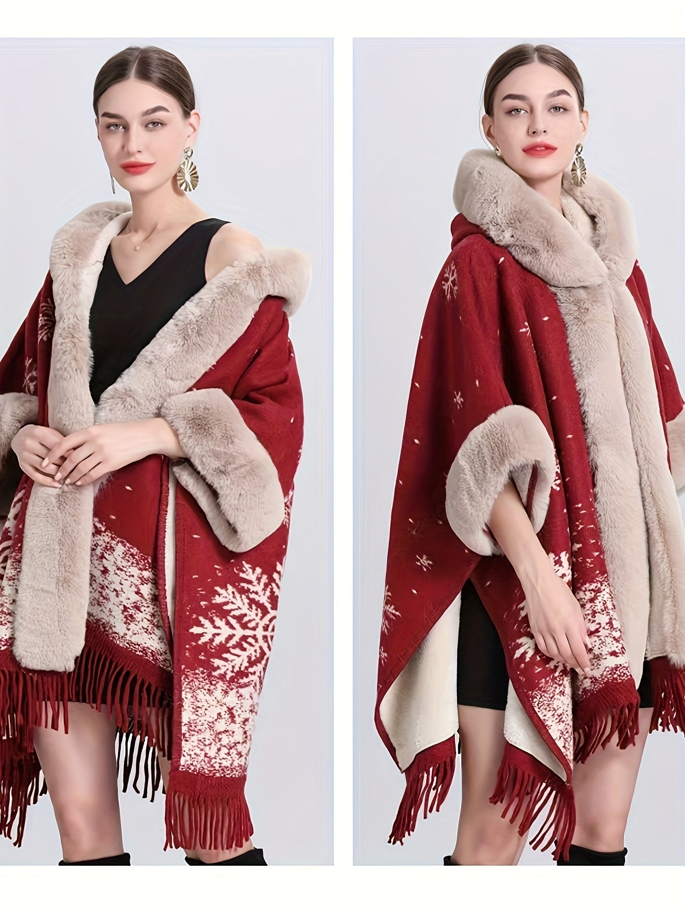 Plus Size, Women's Elegant Red and Beige Christmas Cape - Hooded Winter Cloak with, Non-Stretchy Fabric for Holiday Parties, New Year's Eve, Everyday Winter Outfits - Elegant Special Line, Seasonal Fashion, Stylish Fringe Tri