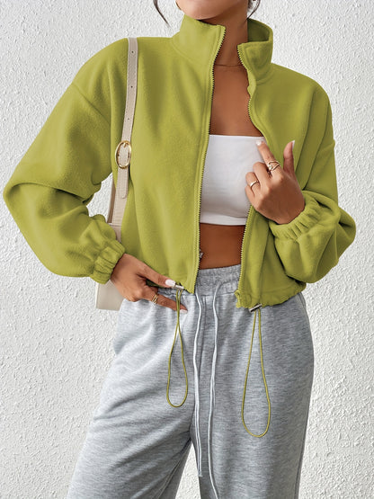 Women'S Casual Zippered Front Drawstring Hem Jacket - High-Neck Long Sleeve with Pockets, All-Season Comfort, Machine Washable, Versatile for Casual Attire, Casual Wear Jacket | Highneck Jacket | Zippered Jacket