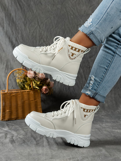 gfhfgjjfg Women's Casual High-Top Platform Ankle Boots with Lace-Up Closure, Thick Rubber Sole & Faux Cover Upper - Winter Warm Round Toe Boots for Casual Attire (Black/White/Beige), Comfortable Footwear, Durable Traction Foo
