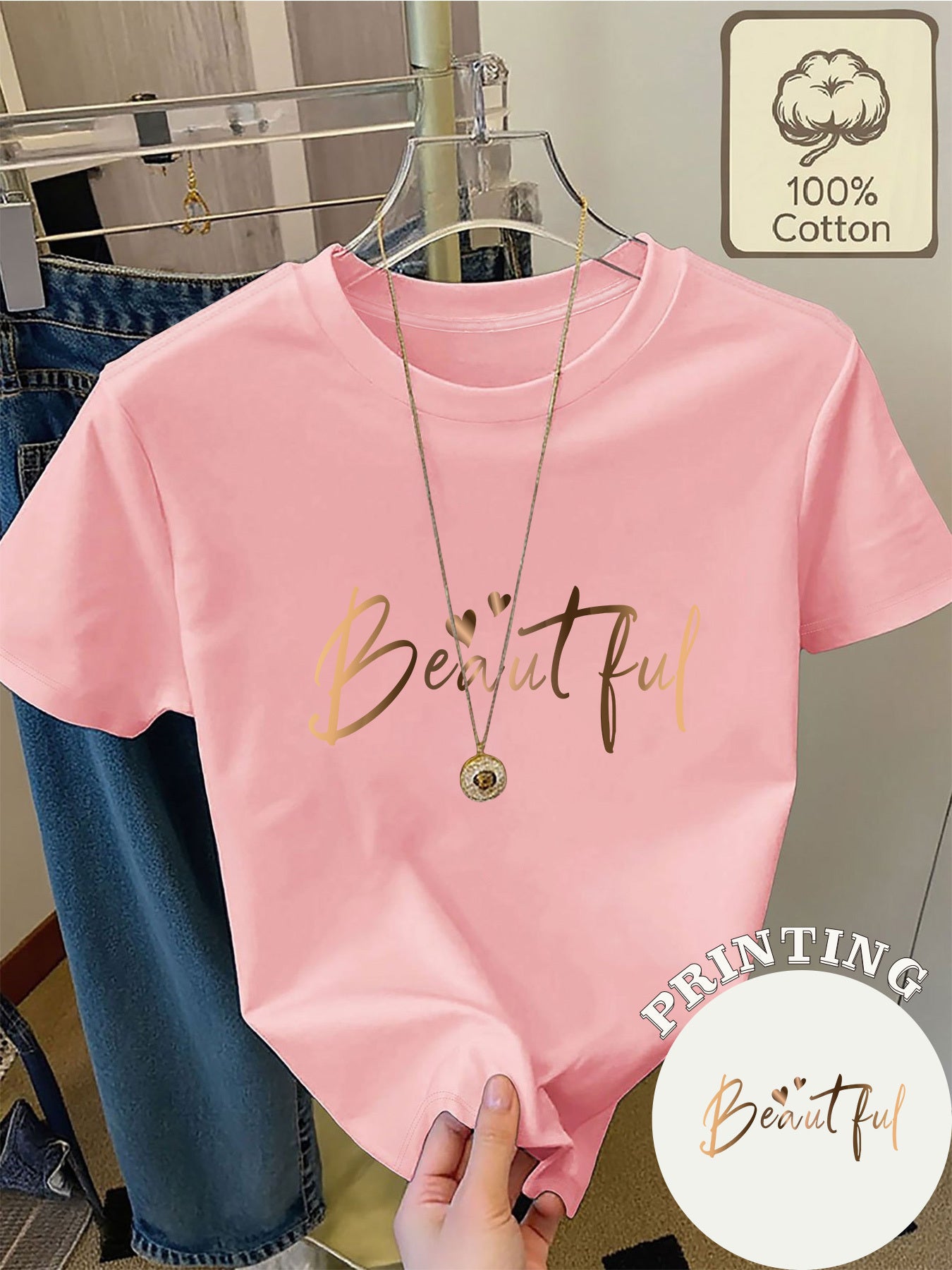 Women's Cotton Summer T-Shirt with 'Beautiful' Print and Hearts
