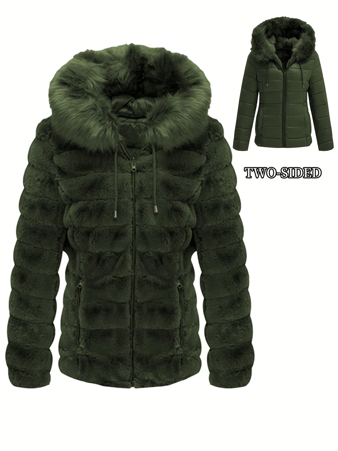 Women'S Heavyweight Winter Coat - Dual-Sided Reversible Jacket with Full-Zip Front, Hooded Collar, Two-Way Zipper Closure - Warm Outerwear for Cold Weather, Office, Travel - Elegant Brown Coat (Size & Wash Label in Pocket), L