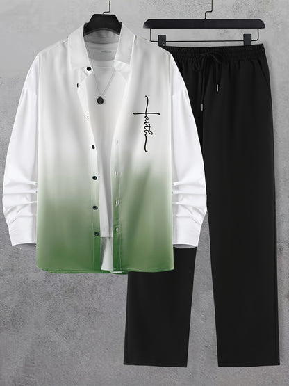 Men's Trendy Gradient Print Collar Long Sleeve Shirt and Pants Fashion Set