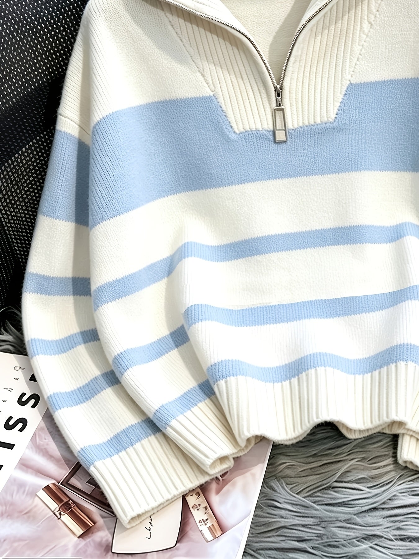 Women's Striped Zip-Up Sweater with Thickened Inner Layer