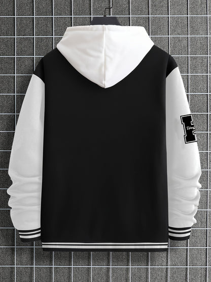 Men's Fashionable R-Letter Patchwork Casual Street Style Baseball Jacket - Polyester, Maroon & Black with White Stripes, Button Closure, with Pockets