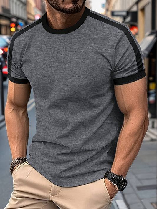 Men's Lightweight Summer Casual T-Shirt - Short Sleeve, Crew Neck, Two-Tone Color Block Design (Light Gray  Dark Gray), Machine Washable, Perfect for Casual Attire, Smooth Texture Fabric