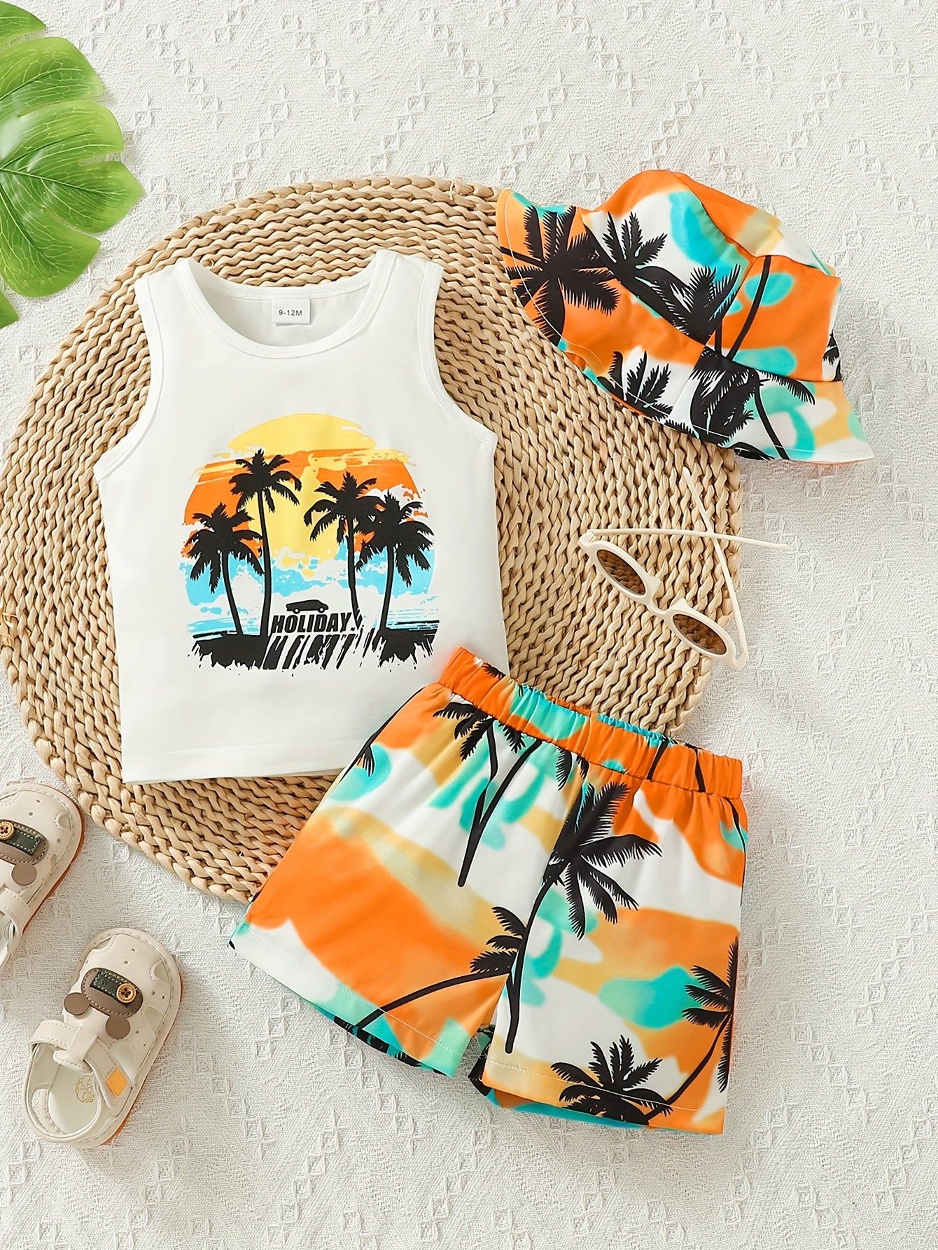Boys' Summer Vacation Vest, Shorts & Hat Set with Coconut Tree Print