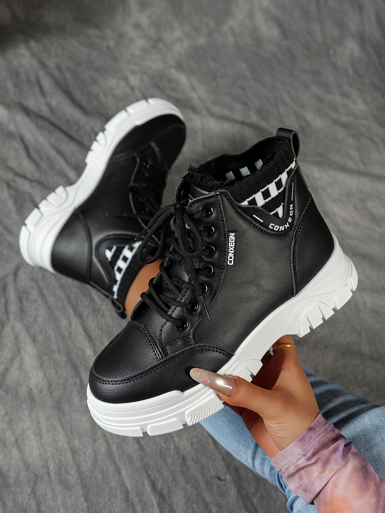 gfhfgjjfg Women's Casual High-Top Platform Ankle Boots with Lace-Up Closure, Thick Rubber Sole & Faux Cover Upper - Winter Warm Round Toe Boots for Casual Attire (Black/White/Beige), Comfortable Footwear, Durable Traction Foo