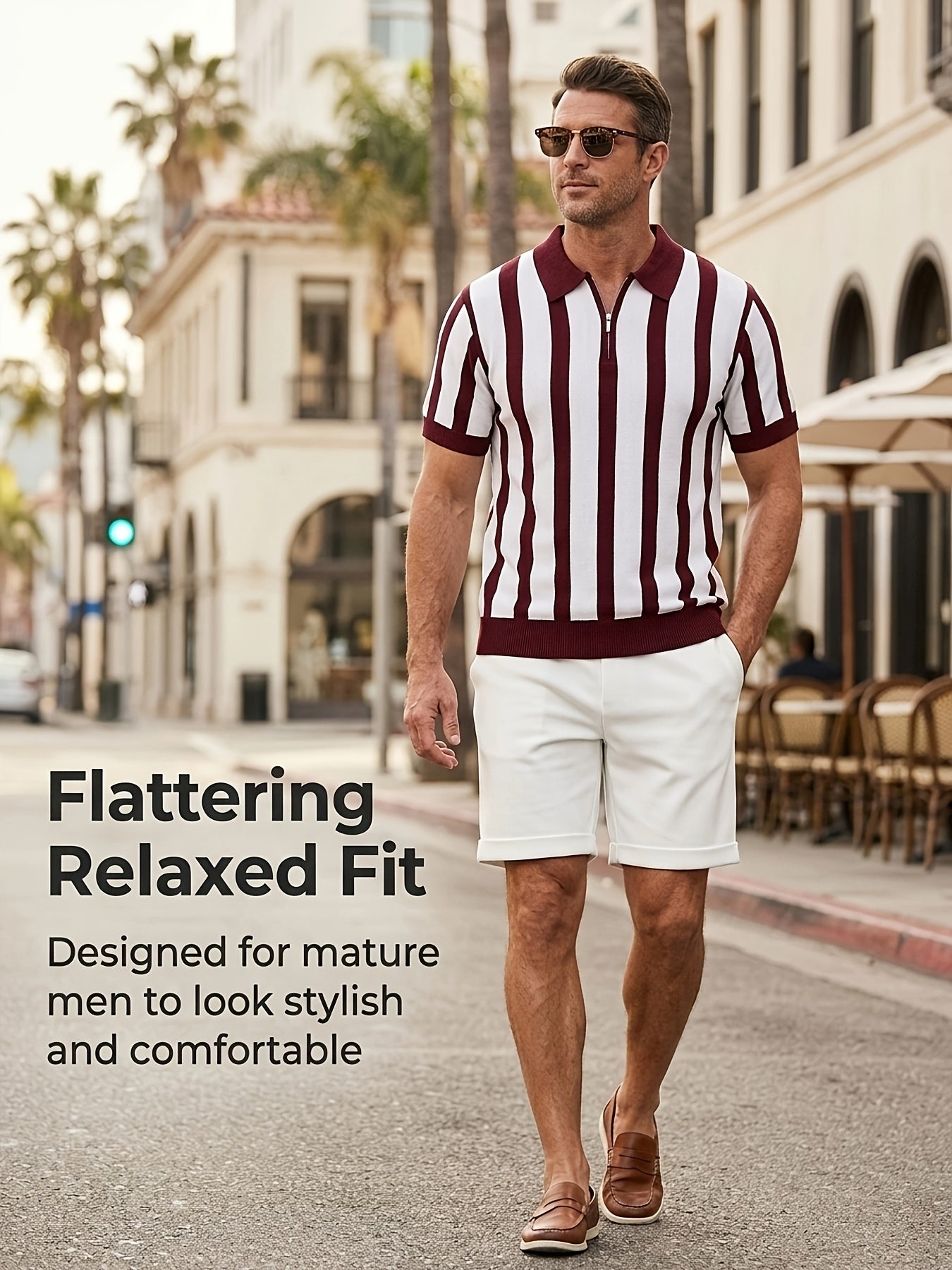 Men's Striped Half-Zip Knit Polo & Elastic Waist Shorts Set