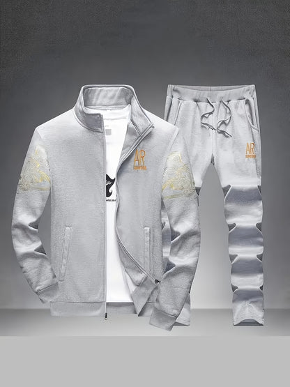 New Spring and Autumn Men's Sports Casual Suit, Trendy Fashion Stand-up Collar Long Sleeve Jacket Two-piece Set