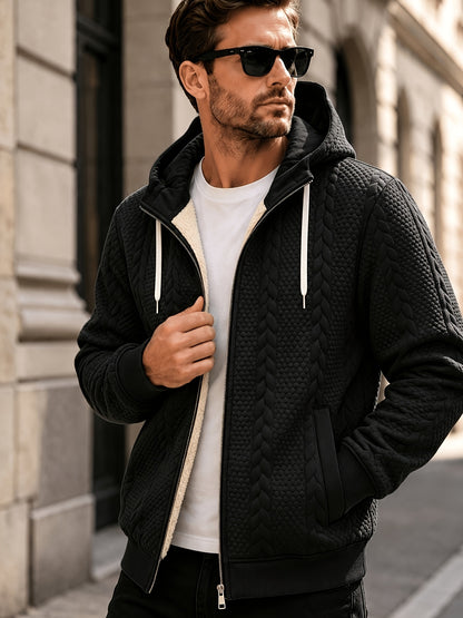Men's Thickened Hooded Jacket with Cable Knit Embossing