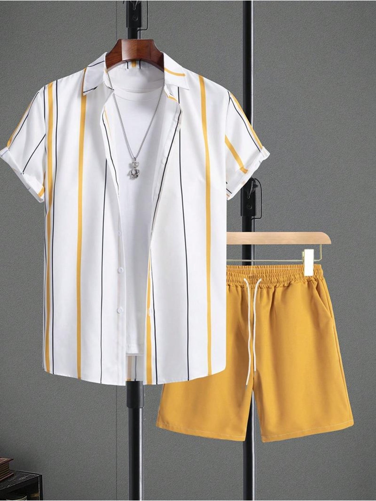 Men's Casual Summer Set - Striped Short-Sleeve Shirt & Shorts