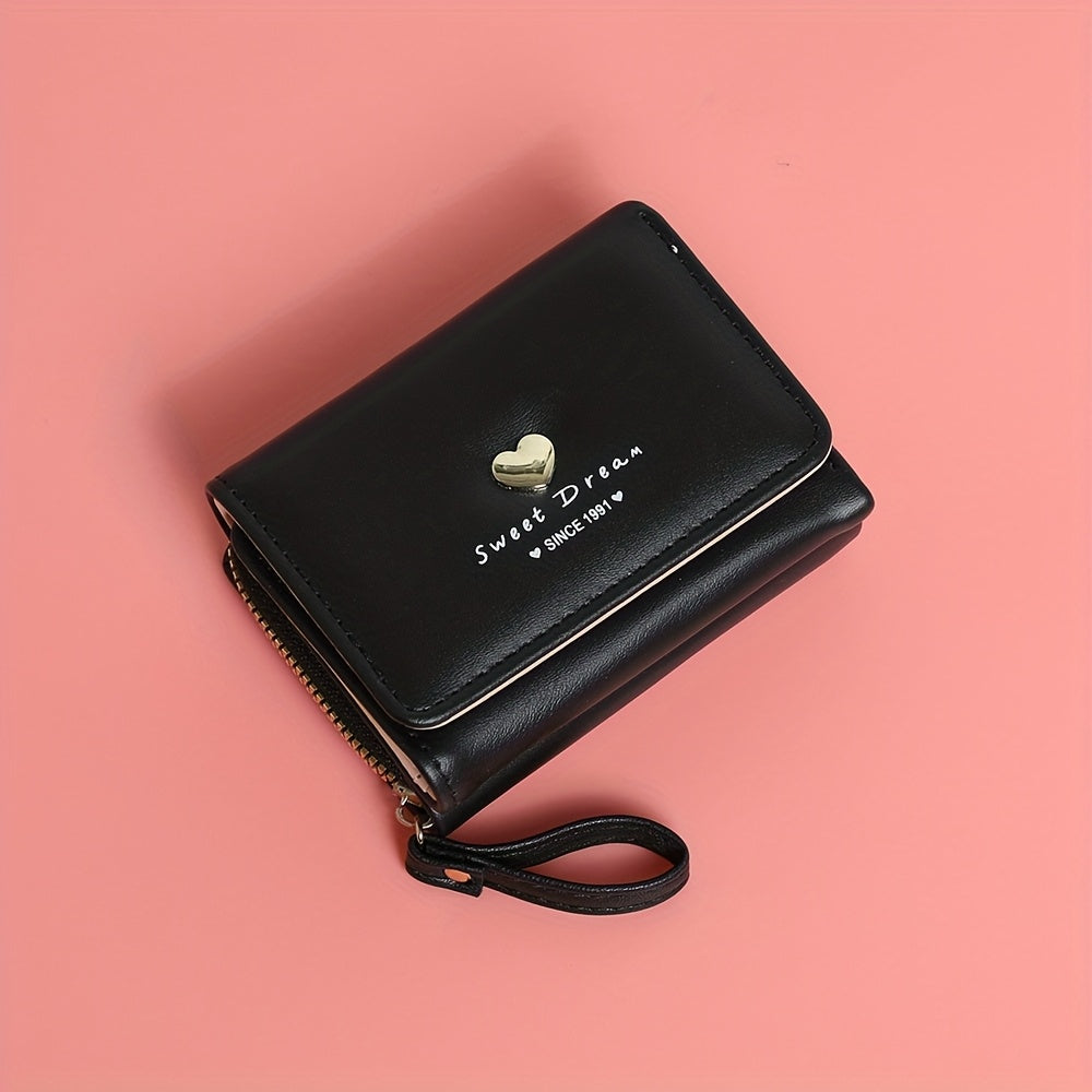 New Women'S Short Wallet, Cute Korean-Style Heart-Shaped, Large Capacity with Multiple Card Slots, Trendy Tri-Fold Design.