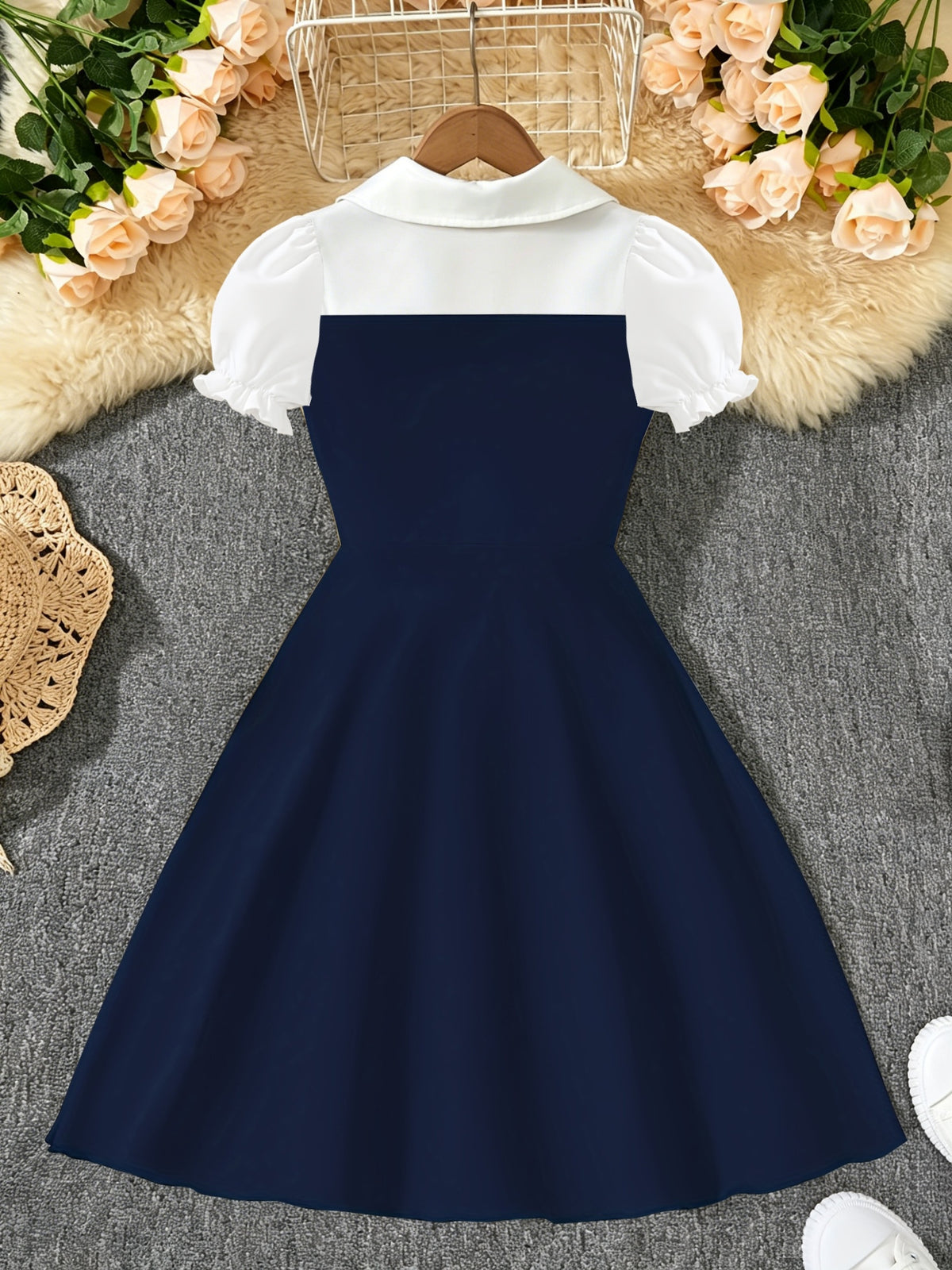 Girls' Casual Short-Sleeve Dress with Golden Chain Accent