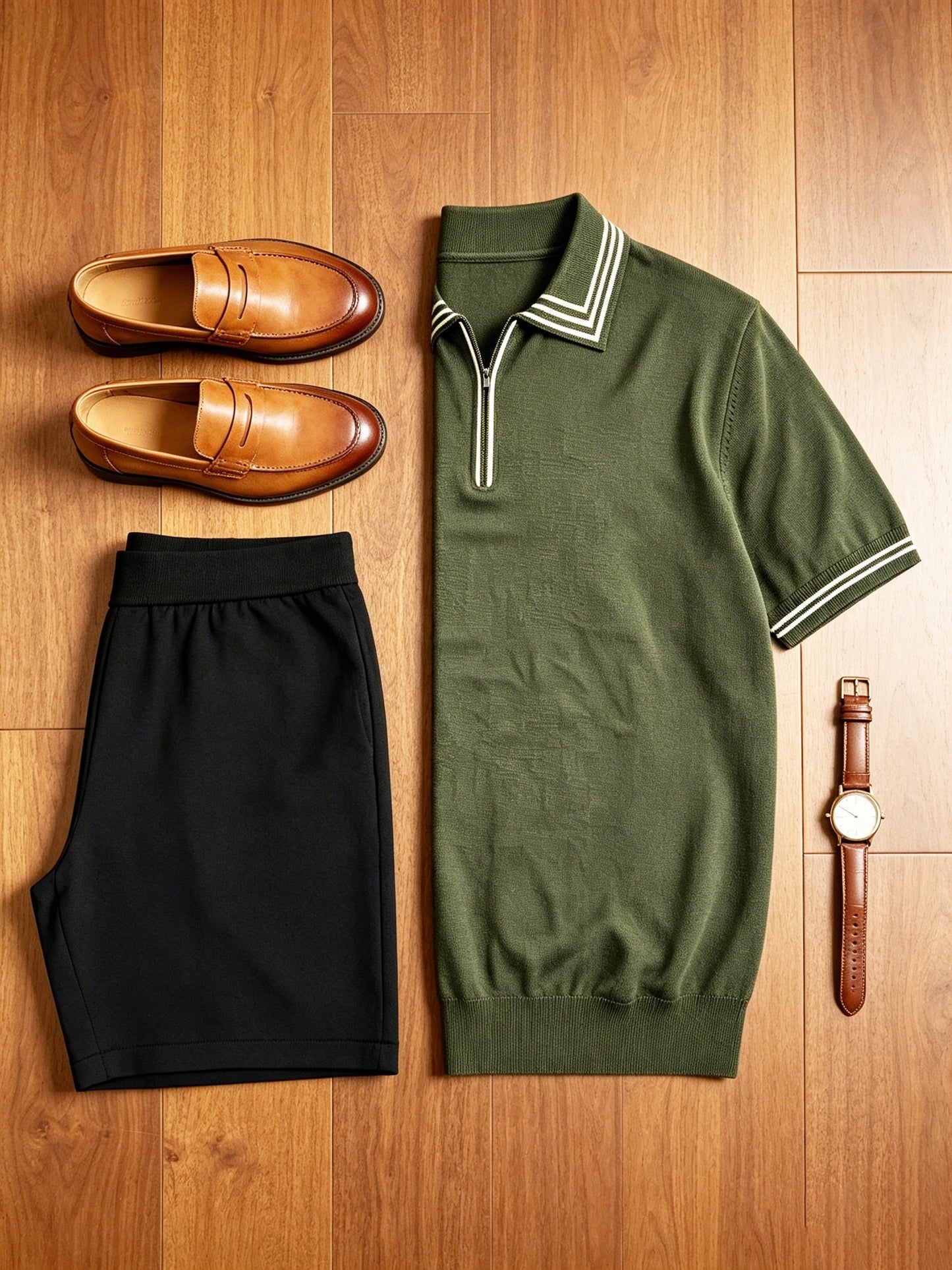 Men's Casual Striped Knit Polo & Lightweight Shorts Set