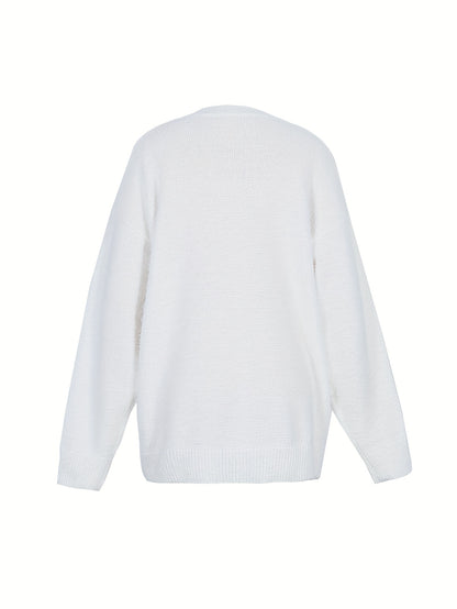 Plus Size - Women'S Cozy Yellow V-Neck Sweater with Pearl Buttons & Fleece-Lined Cuffs - Asymmetrical Hem, Geometric Pattern, Casual Winter Pullover for Casual Attire, Winter Apparel | Vneck Sweater | Pearl Button Details, Sw