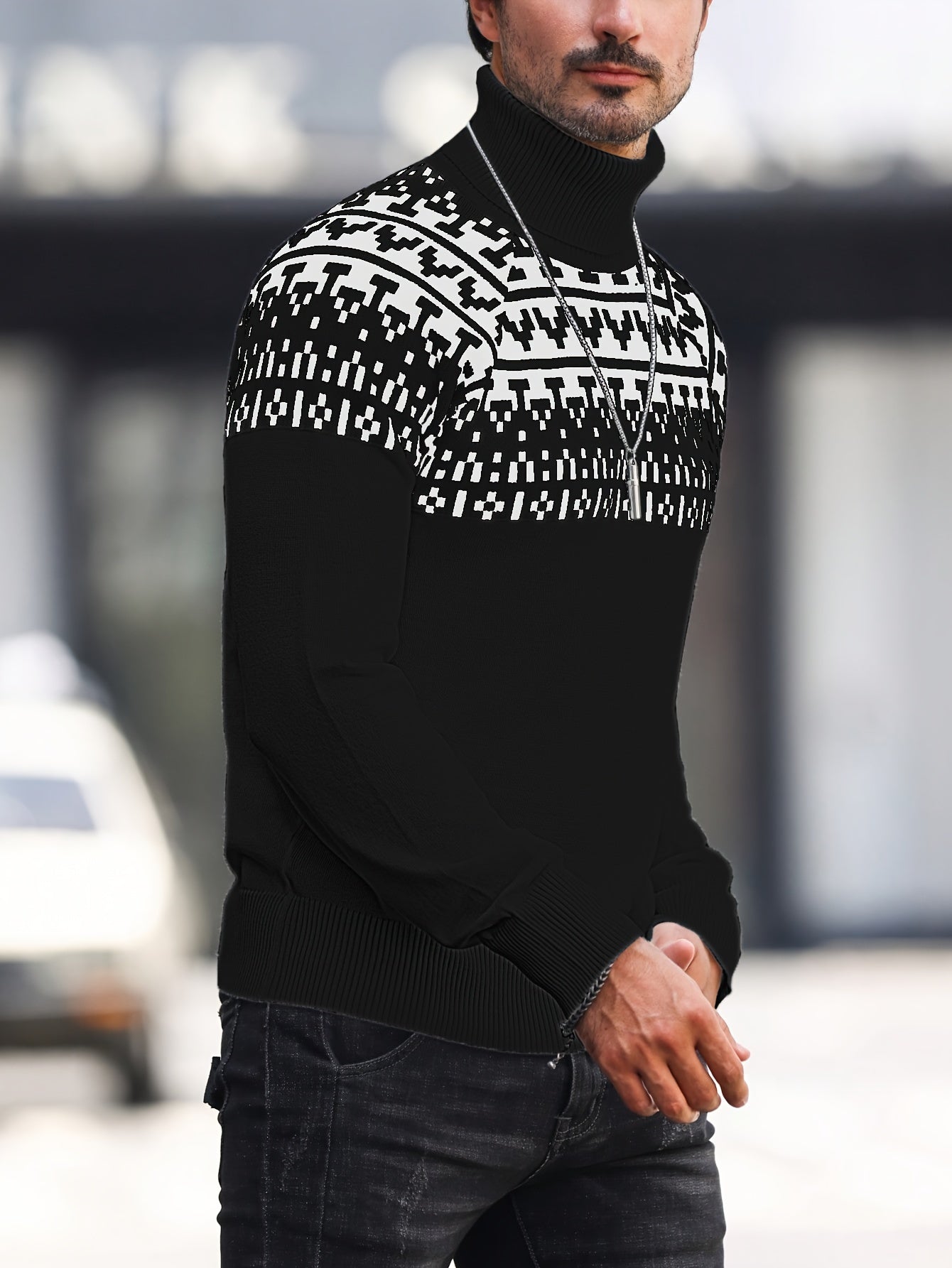 Men's Geometric Graphic Print Knitted Pullover, Casual Long Sleeve Turtle Neck Sweater For Fall Winter, Outdoor Cloth