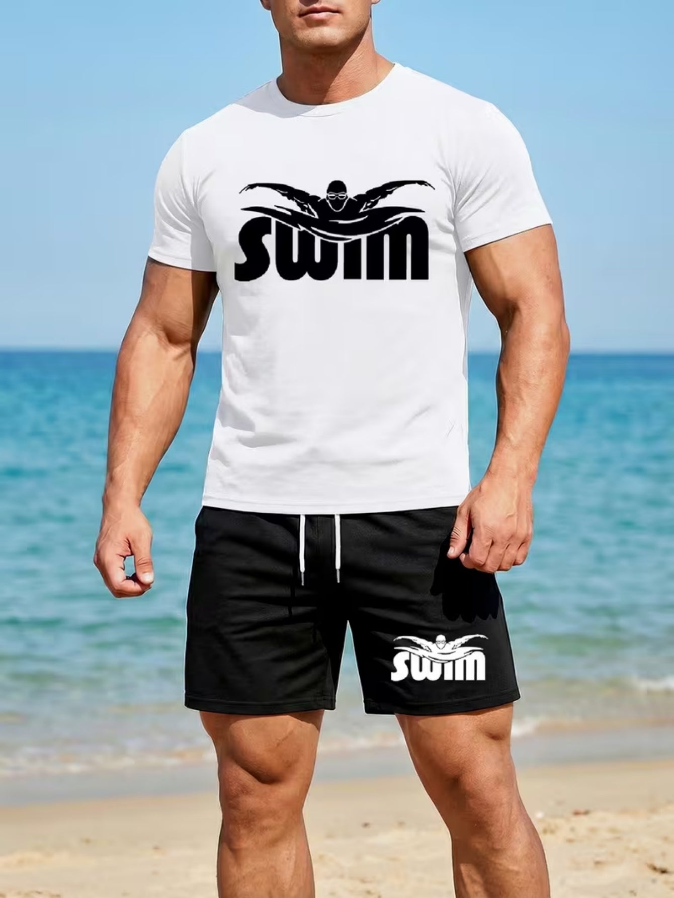 Men's Quick-Dry Printed Swim Set with T-Shirt & Boxer Shorts