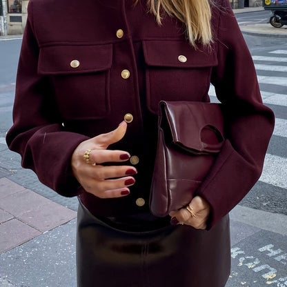 Women'S Burgundy Round-Neck Long-Sleeve Jacket with Pockets And Button Closure for Autumn And Winter, Stylish And Casual.